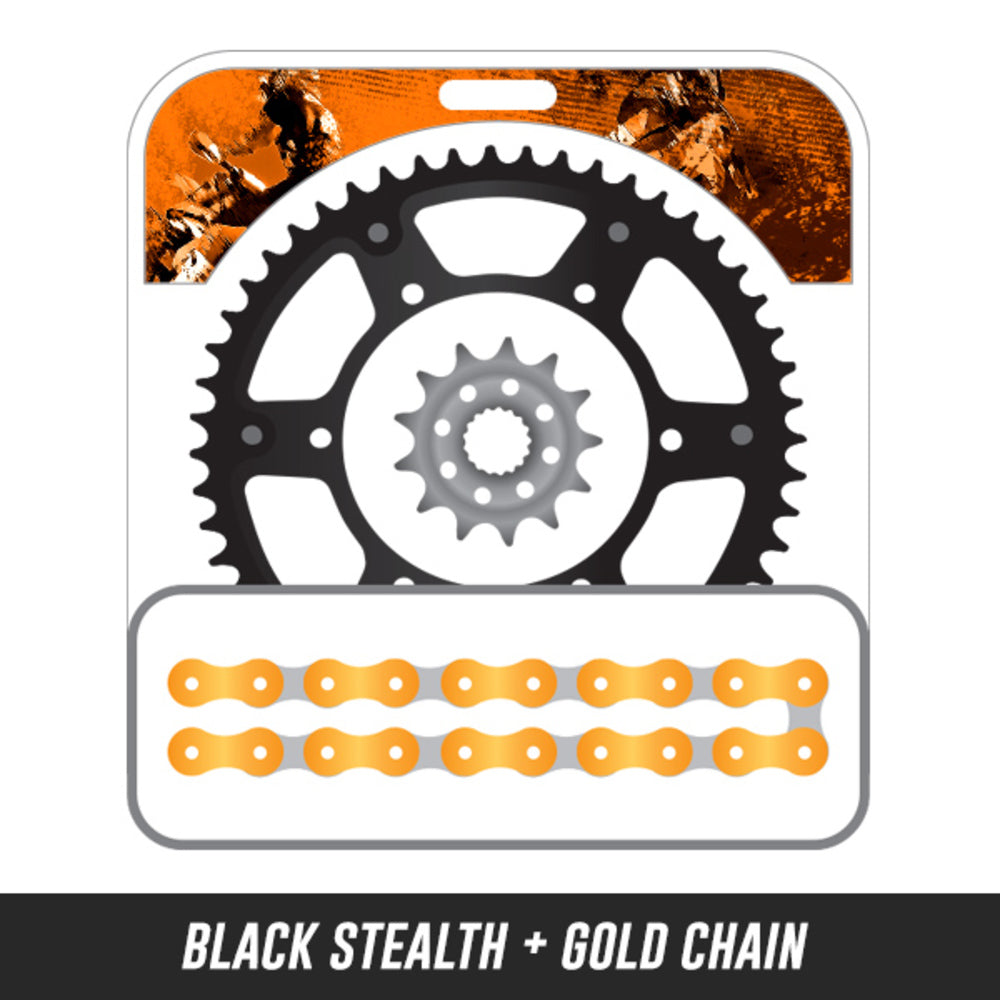 125-530 SX/SXF/EXC 00-23,Front: KT1-13,Rear: KM1-51 STEALTH BLACK,Chain: 520 SRX2 GOLD