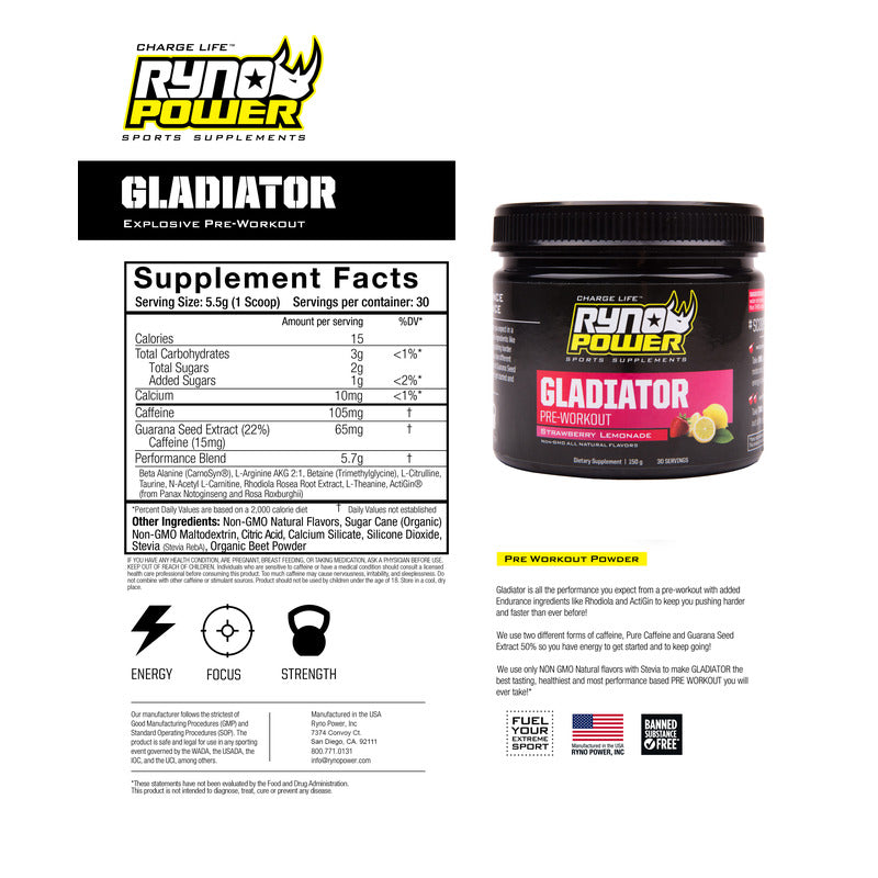 RYGL RYNO POWER - GLADIATOR PRE-WORKOUT POWDER STRAWBERY LEMON