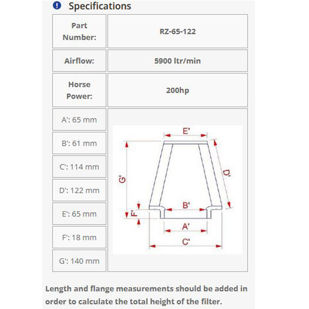 DNA FILTERS RZ SERIES RUBBER TOP CLAMP ON 65mm INLET 122mm LENGTH AIR FILTER - RZ-65-122