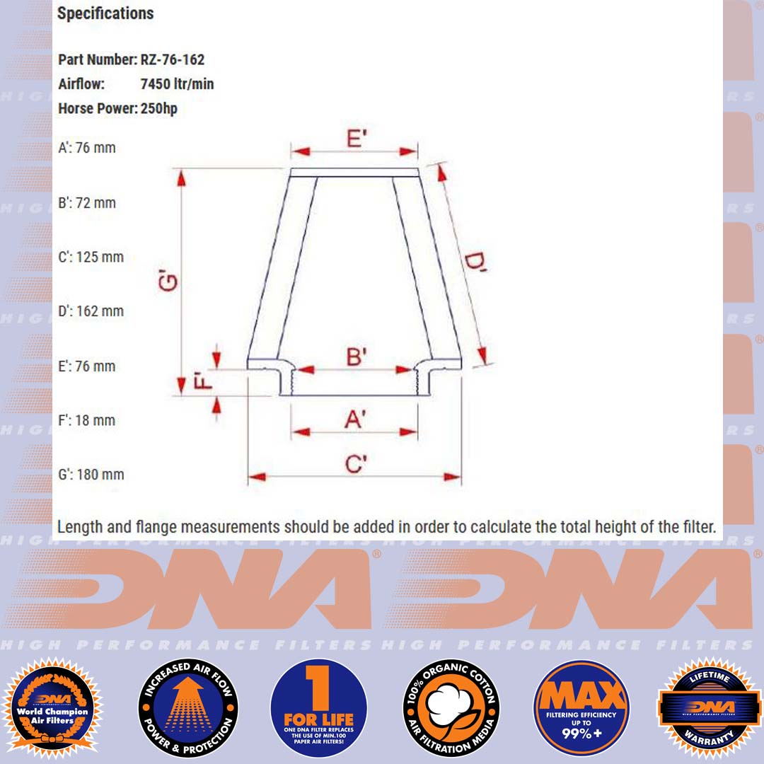 DNA FILTER RZ SERIES RUBBER TOP CLAMP ON 76mm INLET 162mm LENGTH AIR FILTER - RZ-76-162