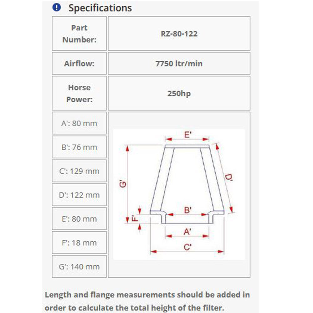 DNA FILTERS RZ SERIES RUBBER TOP CLAMP ON 80mm INLET 122mm LENGTH AIR FILTER - RZ-80-122