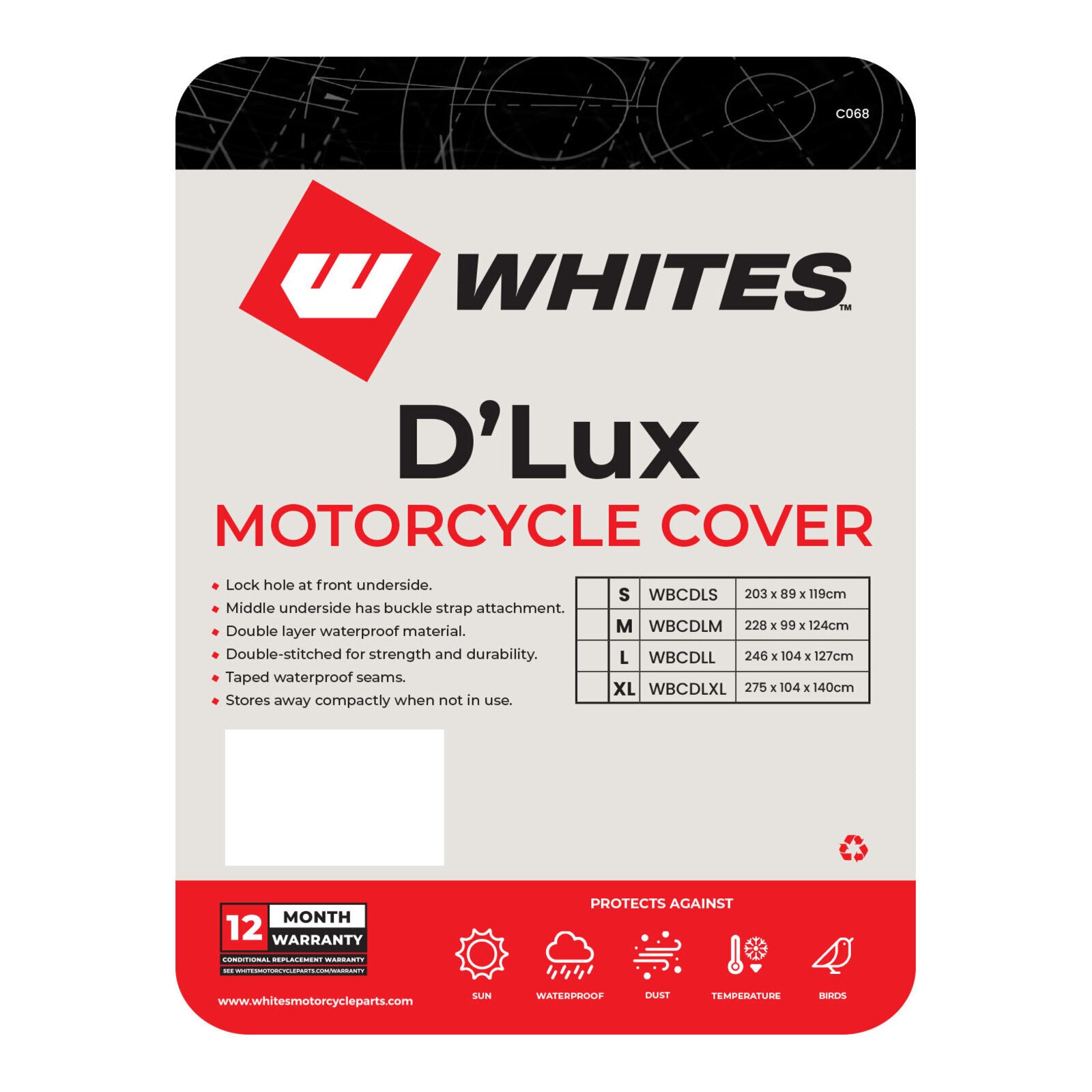 Whites Motorcycle Cover - D'Lux (XL) 275 x 104 x 140cm