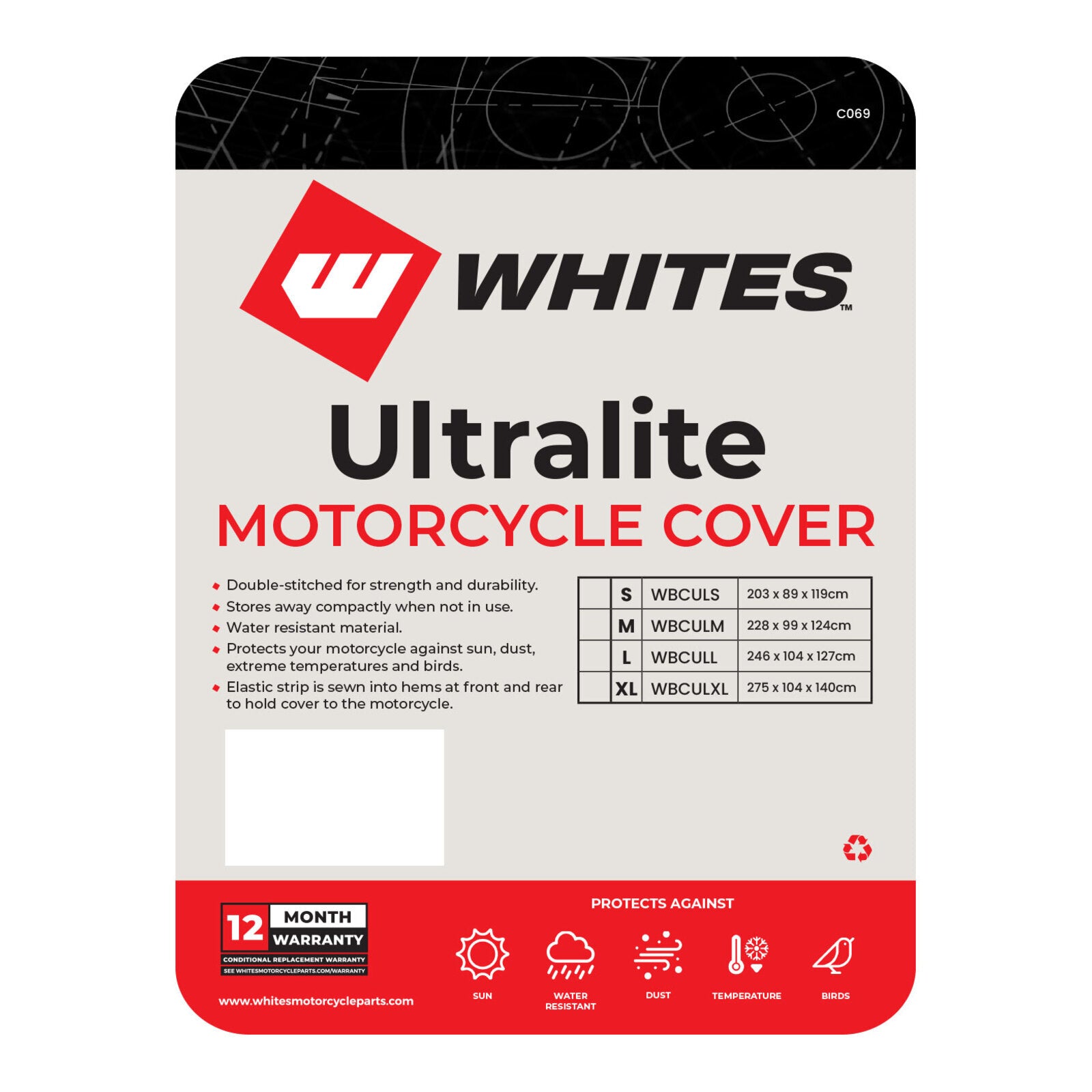 Whites Motorcycle Cover - Ultralite (S) 203 x 89 x 119cm