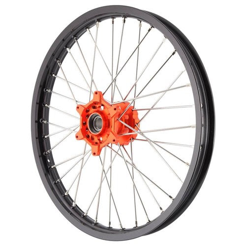 X TECH KTM 85SX 12-23 1.40x19 FRONT BLK RIM/ORG HUB/SLV SPK