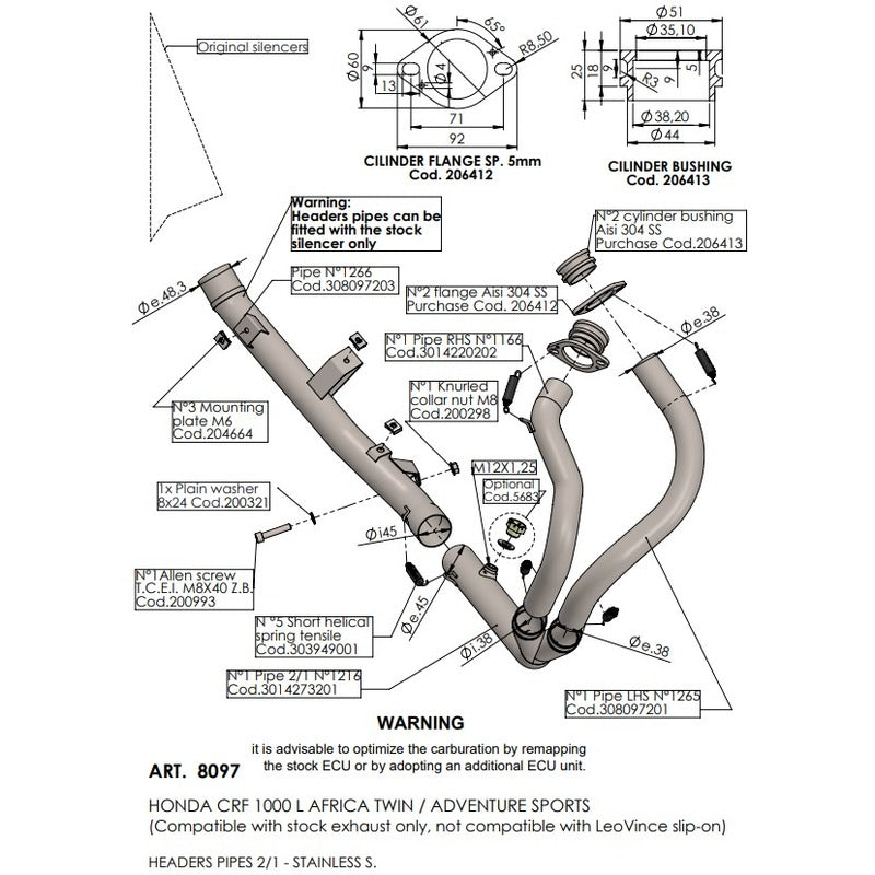 LV HEAD PIPES | STAINLESS | CRF 1000 L AF TWIN / ADV SPRT '18>'19 (only with orig. exhaust)