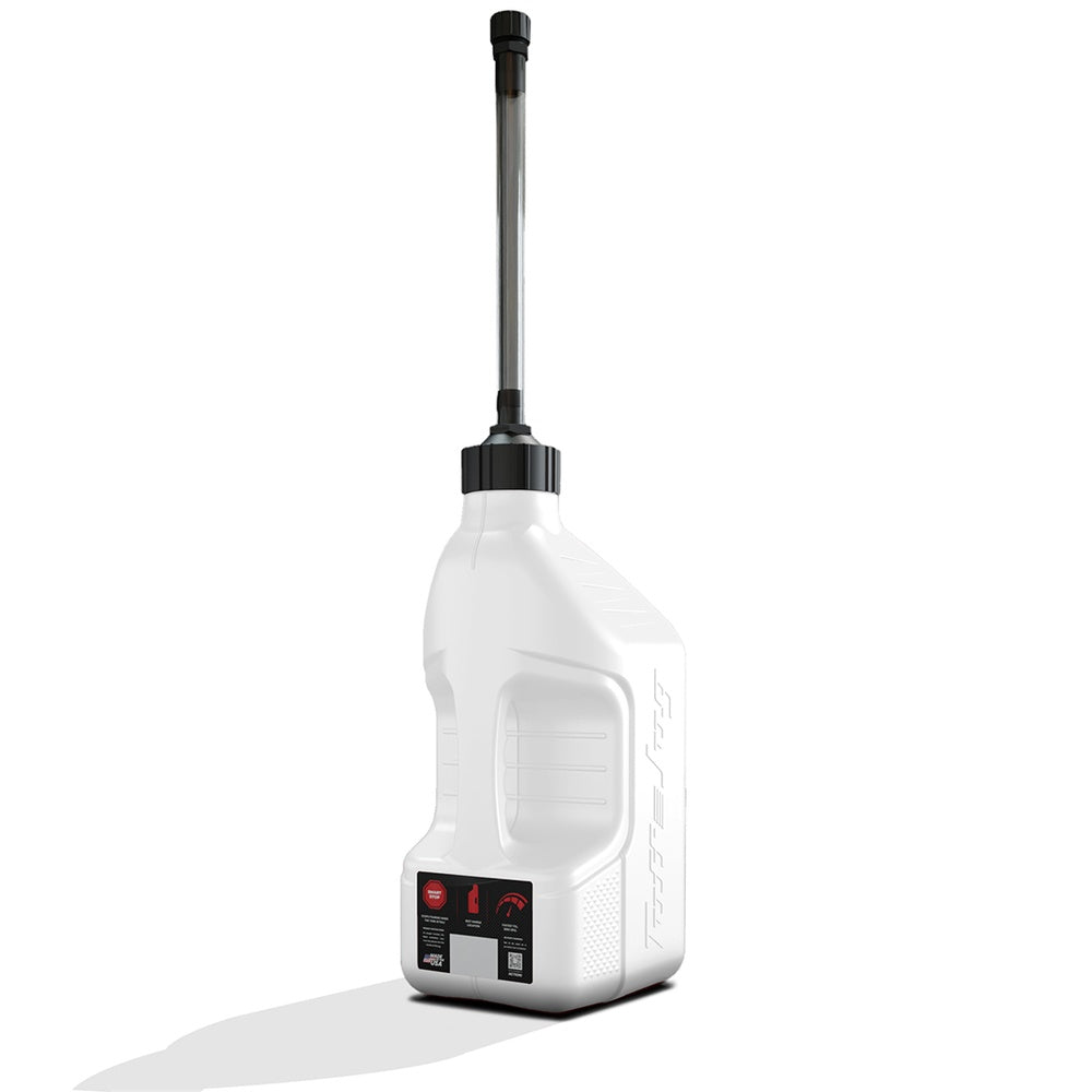 Gen 3 - 2.5G/10L White Tuff Jug with Black Standard Cap & Auto-Stop Spout w/ View Strip