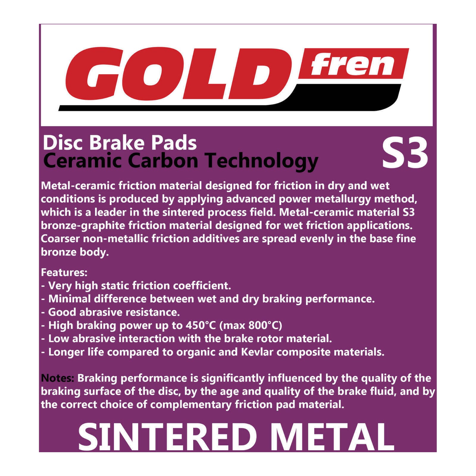 GOLDfren Brake Pads Sintered Sports GF114 - S3 ( PH117 )