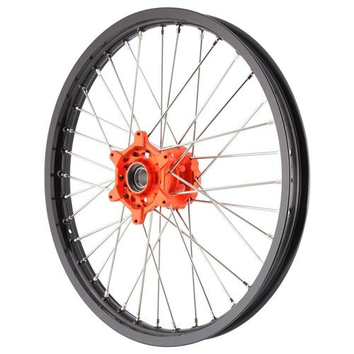 X TECH KTM 65SX 12-23 1.60x14 FRONT BLK RIM/ORG HUB/SLV SPK