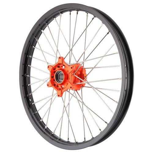 X TECH KTM 85SX 12-23 1.40x17 FRONT BLK RIM/ORG HUB/SLV SPK