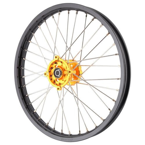 X TECH SUZ RMZ 1.6x21 FRONT BLK RIM/GLD HUB/SLV SPK